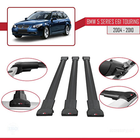 BMW 5 Serisi (E61) Touring 2004-2010 Arası ile Uyumlu FLY Model Ara Atkı Tavan Barı Siyah 3 Adet