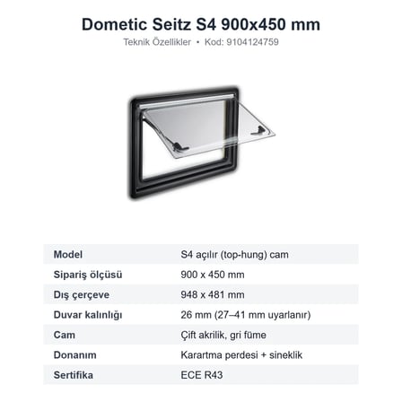 Dometic Seitz S4 Amortisörlü Açılır Karavan Camı 900x450 mm (9104124759)