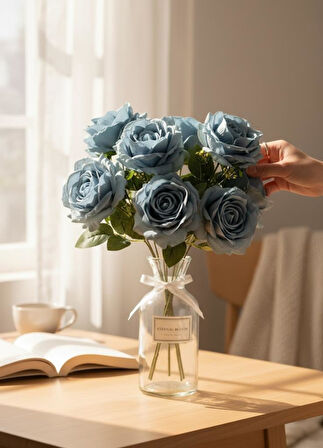 Yapay Çiçek 7li Gül Demeti 40*30cm 1.Kalite Büyükboy MAVİ AÇIK