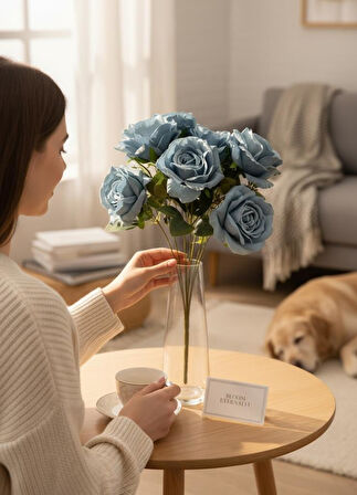 Yapay Çiçek 7li Gül Demeti 40*30cm 1.Kalite Büyükboy MAVİ AÇIK