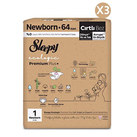 Sleepy Ecologic Premium Plus Avantajlı Paket Bebek Bezi 1 Numara Yenidoğan 192 Adet
