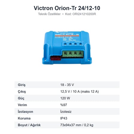Victron Energy Orion-Tr 24/12-10 DC-DC Konvertör 24V - 12V 10A 120W İzolesiz (ORI241210200R)