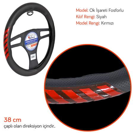NYF A-20 Geçmeli Direksiyon Kılıfı Fosforlu Siyah (Ok İşareti Kırmızı) 38 cm
