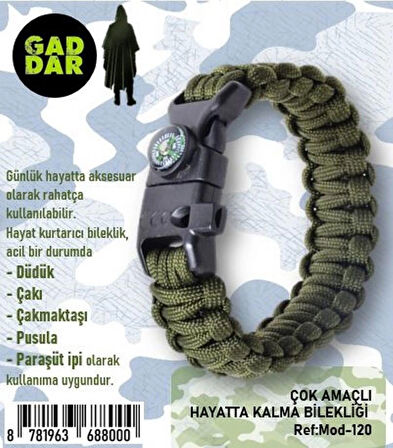 Gaddar Bileklik Taktikal Yeşil/siyah Taktik Bileklik Magnezyum Çubuklu Düdüklü Unisex Bileklik Hediyelik