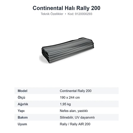 Dometic Continental Halı Rally 200 Ön Çadır Halısı, Nefes Alan 190x244 cm (9120000293)