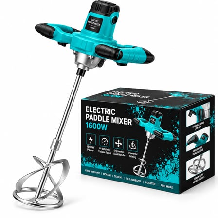1600W Profesyonel Elektrikli Harç Boya Alçı Çimento Karıştırıcı Mikser – 0-800 Devir Ayarlı Çift Kollu
