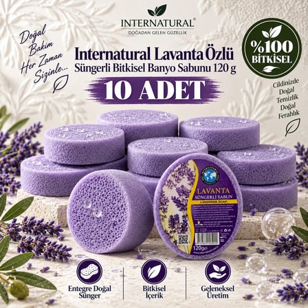 Internatural Lavanta Özlü Süngerli Bitkisel Banyo Sabunu 10'lu Paket (10 x 120 g)