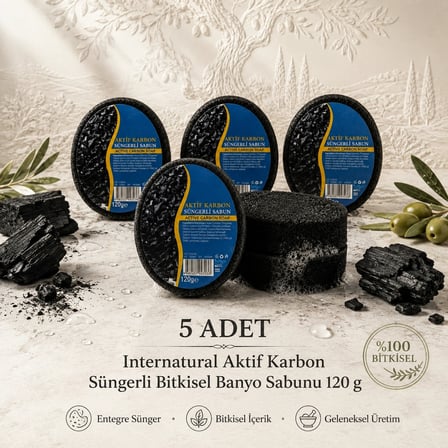 Internatural Aktif Karbon Süngerli Bitkisel Banyo Sabunu 5'li Paket (5 x 120 g)