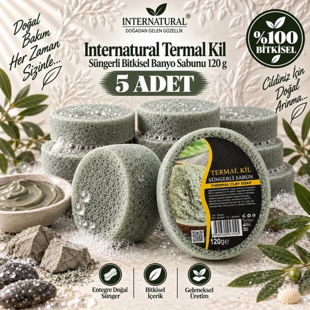 Internatural Termal Kil Süngerli Bitkisel Banyo Sabunu 5'li Paket (5 x 120 g)