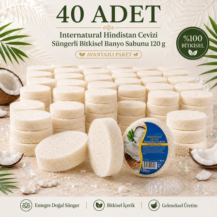 Internatural Hindistan Cevizi Süngerli Bitkisel Banyo Sabunu 40'lı Paket (40 x 120 g)