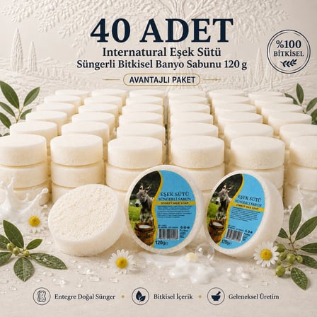 Internatural Eşek Sütü Süngerli Bitkisel Banyo Sabunu 40'lı Paket (40 x 120 g)