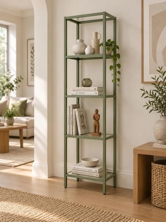  Yeşil Çerçeveli Şeffaf Cam Modern Salon Kitaplığı 40 cm