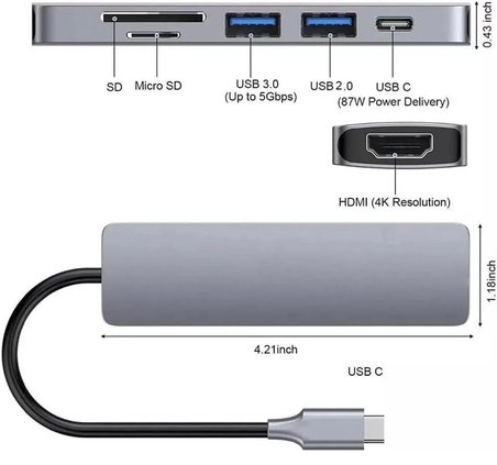 Lunatic 8040 Type C 3.1 HUB - HDMI 4K USB2.0 2xUSB3.0 SD TF PD 60W 6'sı 1 Arada Premium USB Hub