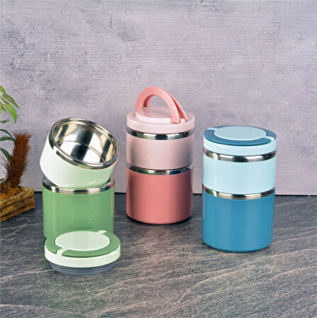 Tohana kulplu çelik sefer tası - yemek termosu saklama kabı 2 katlı pembe 930 ml.