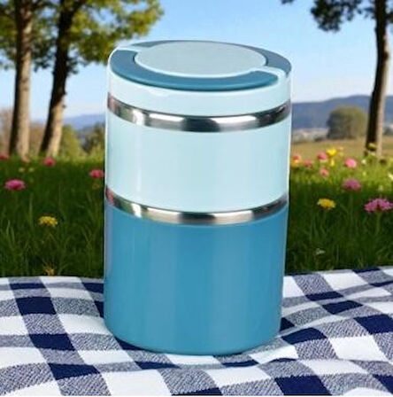 Tohana kulplu çelik sefer tası - yemek termosu saklama kabı 2 katlı mavi 930 ml.
