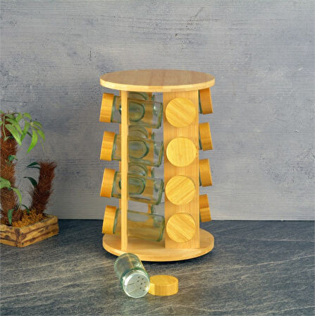 Bambu standlı basic cam tuzluk - 16 lı tuzluk biberlik baharatlık yuvarlak 125 ml.