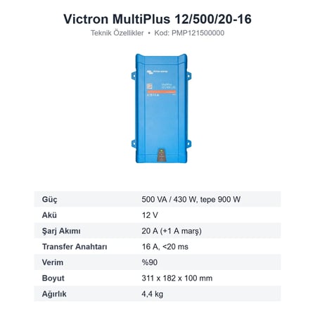Victron Energy MultiPlus 12/500/20-16 İnvertör/Şarj Cihazı 12V 500VA Tam Sinüs (PMP121500000)