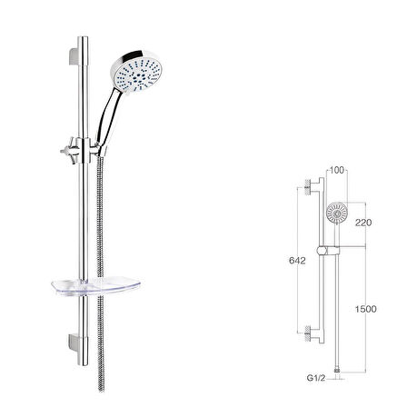 Sürgülü Duş Seti + Ø22Mm Krom Kaplı + 5 Fonksiyonlu