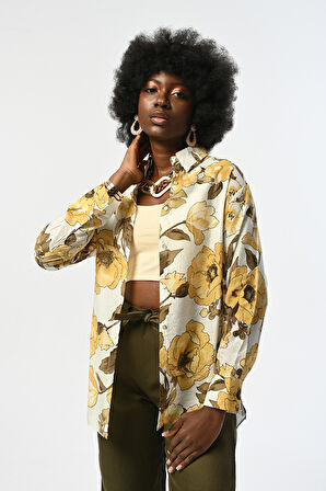 KADIN SARI ÇİÇEK DESENLİ GÖMLEK