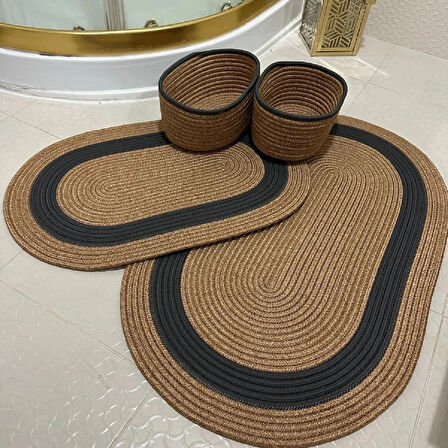 BHR Creative Jüt İp 2 Li Paspas Ve 2 Li Sepet 4 Lü Banyo Seti-Banyo Paspası Klozet Önü Paspası