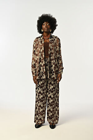 KADIN PETEK DESENLİ KAHVERENGİ OVERSİZE KESİM GÖMLEK