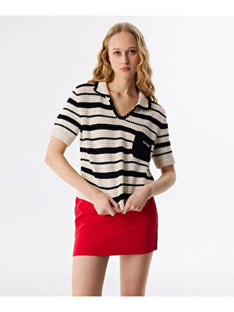 Twist Çizgili Gömlek Yaka Triko