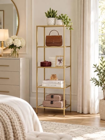 Gold Çerçeveli Şeffaf Cam Modern Salon Kitaplığı 40 cm