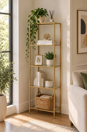 Gold Çerçeveli Şeffaf Cam Modern Salon Kitaplığı 40 cm