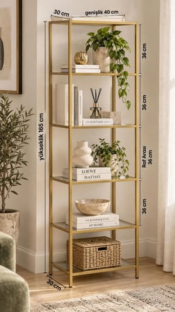 Gold Çerçeveli Şeffaf Cam Modern Salon Kitaplığı 40 cm
