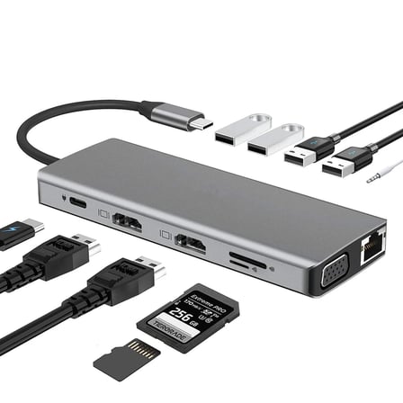 Lunatic 7031 Type C 12'si 1 arada USB C Hub, Çift 4K Video Çıkışı, VGA, RJ45, PD Şarj, SD/TF Kart Okuyucu, USB-A Girişi, 3.5mm Ses Girişi, Tip C Bağlantı İstasyonu