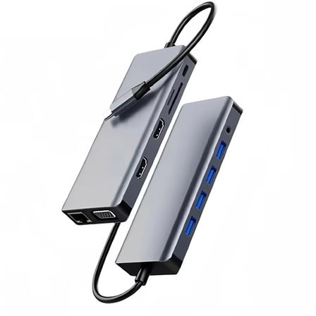 Lunatic 7031 Type C 12'si 1 arada USB C Hub, Çift 4K Video Çıkışı, VGA, RJ45, PD Şarj, SD/TF Kart Okuyucu, USB-A Girişi, 3.5mm Ses Girişi, Tip C Bağlantı İstasyonu