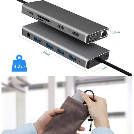 Lunatic 7031 Type C 12'si 1 arada USB C Hub, Çift 4K Video Çıkışı, VGA, RJ45, PD Şarj, SD/TF Kart Okuyucu, USB-A Girişi, 3.5mm Ses Girişi, Tip C Bağlantı İstasyonu