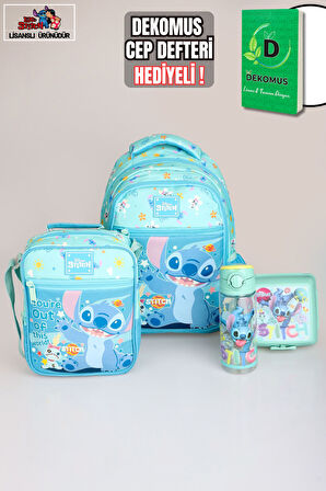 "DEKOMUS CEP DEFTERİ HEDİYELİ" LİSANSLI STITCH "GALAXY POP KOLEKSİYONU" OKUL ÇANTASI,TERMOSLU BESLENME ÇANTASI,500 ML MATARA VE BESLENME KABI SETİ