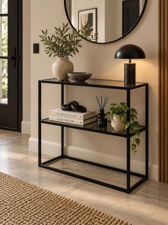 Füme Cam Raflı Siyah Metal Dekoratif Konsol 80 cm