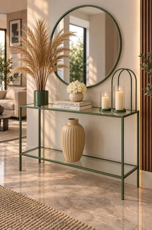 Teknor Şeffaf Camlı Yeşil Metal Konsol 100 cm Modern Salon Dresuar