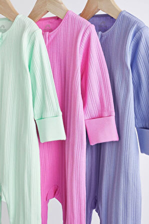 Next Baby % 100 Pamuklu Yeşil Pembe Mor 3’lü Tulum Set