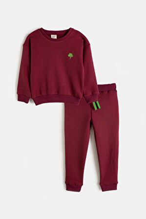 Perry Unisex Çocuk Bordo Ağaç Nakış Detaylı Sweatshirt 2'li Takım