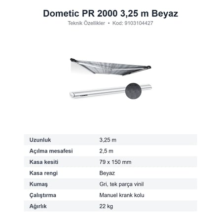 Dometic PerfectRoof PR 2000 Çatı Tipi Karavan Tentesi 3,25 m, Beyaz Kasa, Gri Kumaş (9103104427)