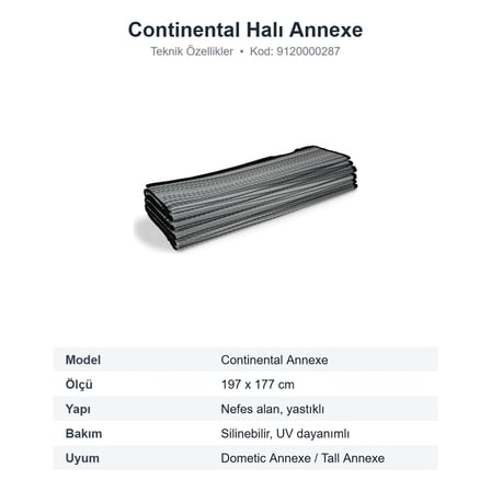 Dometic Continental Annexe Yan Oda Halısı, Nefes Alan Karavan Çadır Halısı 197x177 cm (9120000287)