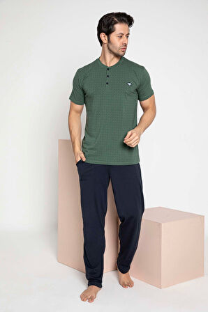 Erkek Ekose Desen 3 Düğmeli Bisiklet Yaka Bilek Manşetli Modal Mevsimlik Uzun Kol Cepli Pijama Takım