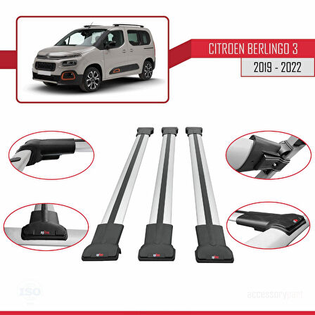 Citroen Berlingo 3 (K9) 2019-2022 Arası ile Uyumlu FLY Model Ara Atkı Tavan Barı Gri 3 Adet