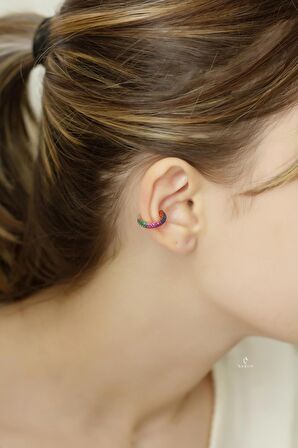Renkli Yuvarlak Taşlı 925 Ayar Gümüş Halka Kıkırdak Küpe Earcuff 
