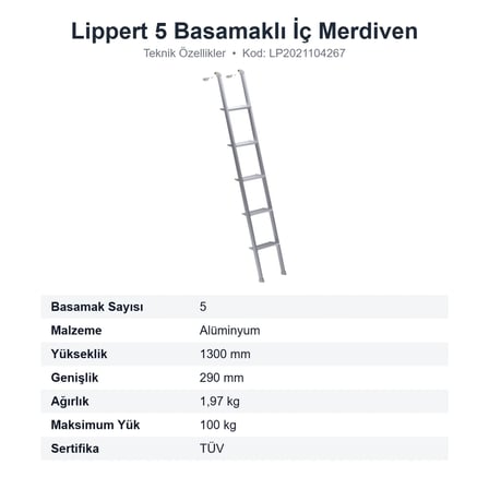 Lippert 5 Basamaklı Alüminyum Karavan İç Mekan Merdiveni 130 cm (LP2021104267)