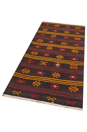 EL DOKUMA SARI KIRMIZI ÇİÇEKLİ DESEN VİNTAGE KİLİM