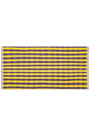 SARI MOR RENGİ KARELİ DESEN EL DOKUMA VİNTAGE KİLİM