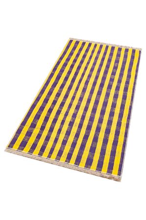 SARI MOR RENGİ KARELİ DESEN EL DOKUMA VİNTAGE KİLİM