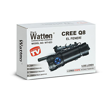 Watton WT-623 Cree Q8 6.000 Lümen Yağmur Suyu Geçirmez El Feneri