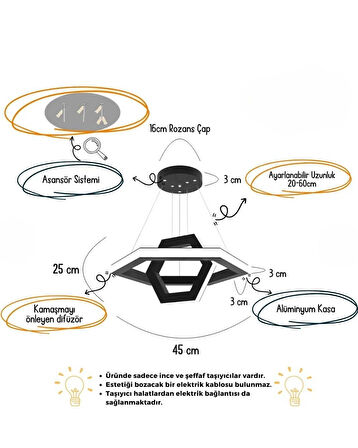 CICLO ( Siyah Kasa, Beyaz Işık ) Ledli Modern Sarkıt Led Avize, Salon, Mutfak, Oturma Odası