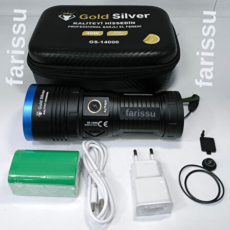 GS-14000 40W Avcı El Feneri – 4000 Lümen, 12800 mAh Li-ion Şarjlı, Su Geçirmez, Taşıma Çantalı Kamp ve Balıkçı Feneri