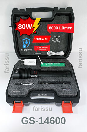 GS-14600 Şarjlı El Feneri | 80W 8000 Lümen - 18000 mAh Powerbank Özellikli | Su Geçirmez & Uzun Ömürlü Led Işık